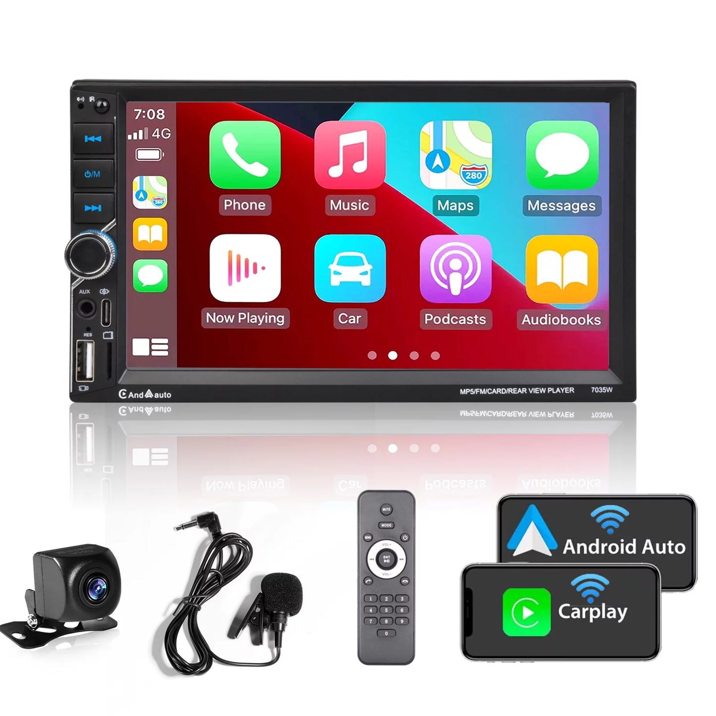 [Wireless] Double Din Car Stereo Apple CarPlay Android Auto Bluetooth 7" Touchscreen USB Rear Camera AM/FM Radio