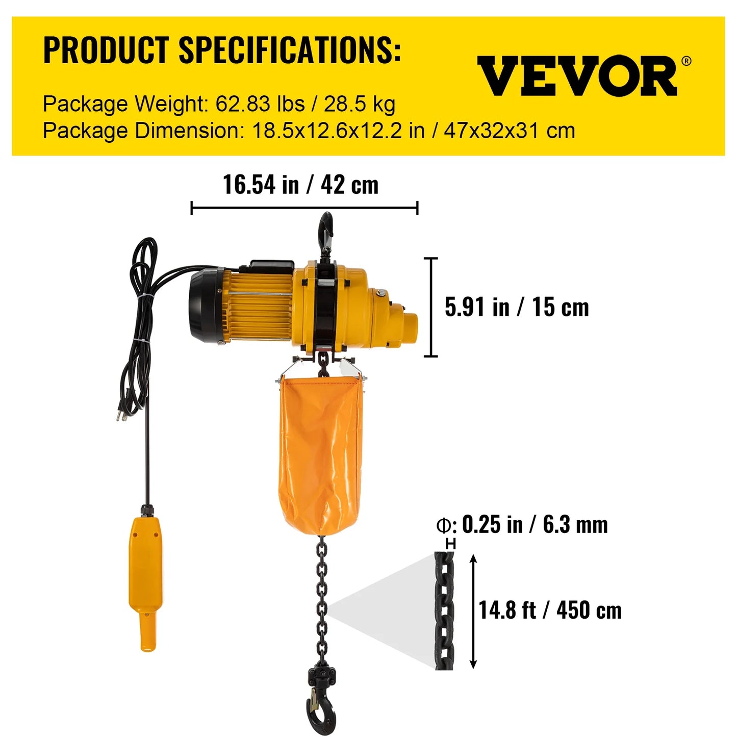 VEVOR Lift Electric Hoist, 1100 lbs Electric Winch w/ 10ft Wired Remote Control, 110V Overhead Crane Garage Ceiling Pulley Winch of 14.8ft Lift Height, Pre-owned In Factories, Warehouses, Construction