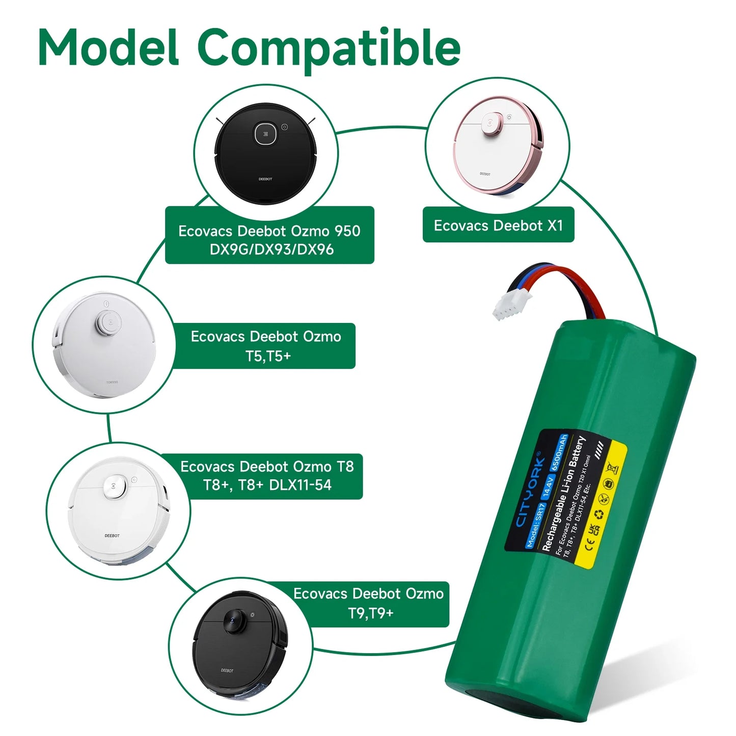 Robot Vacuum Cleaner Li-ion Battery Sweeping Mopping Rechargeable Battery Replacement For Ecovacs Deebot X1 Ozmo T5 T8 T9 950 DX9G DX93 DX96 DLX11-54-14.8V 6200mAh