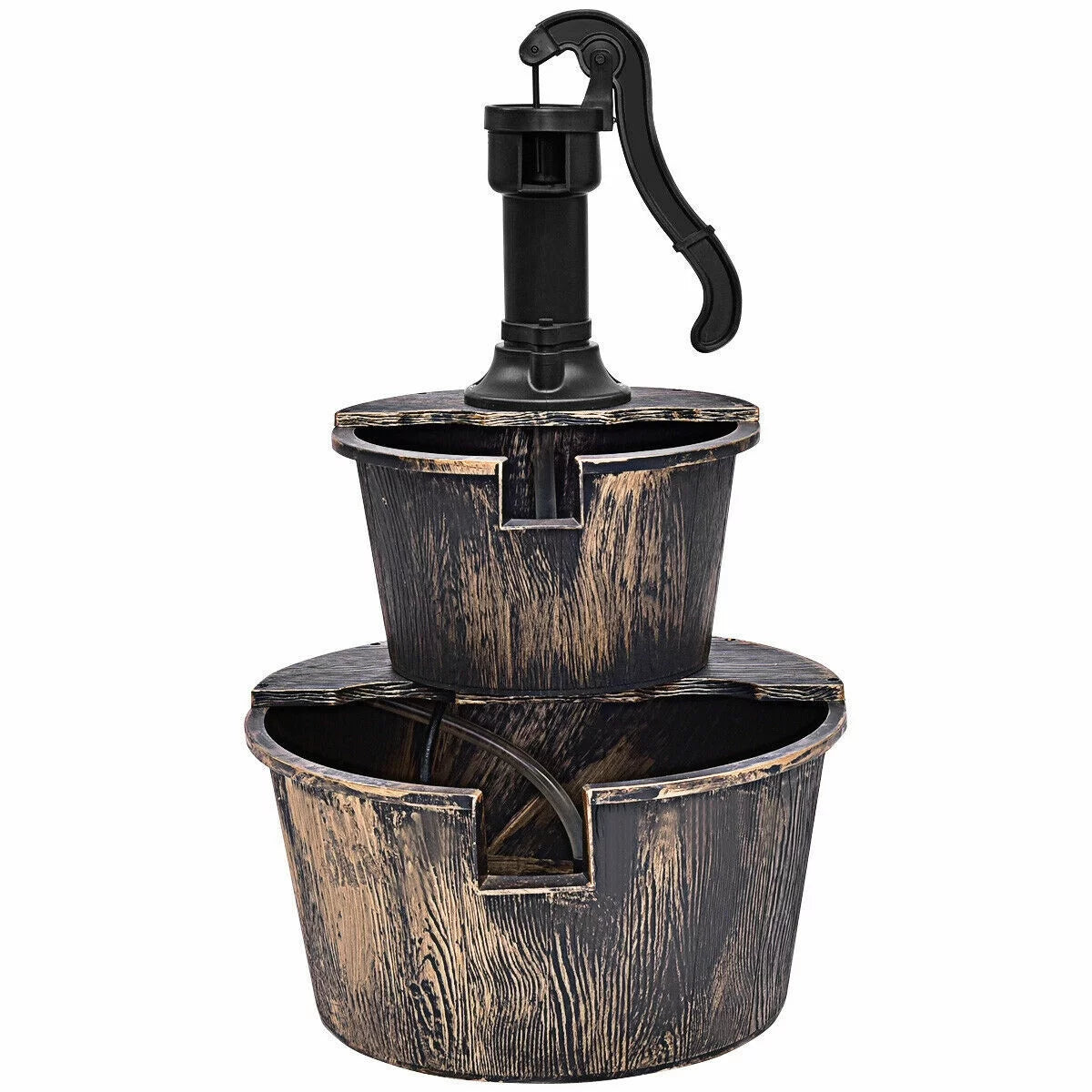 2-Tier Barrel Waterfall Fountain with Pump | Outdoor Garden Barrel Water Fountain