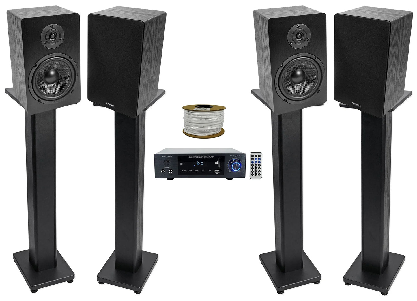 Rockville BLUAMP 150 Amplifier w/ Bluetooth+(4) 6.5" Bookshelf Speakers+Stands