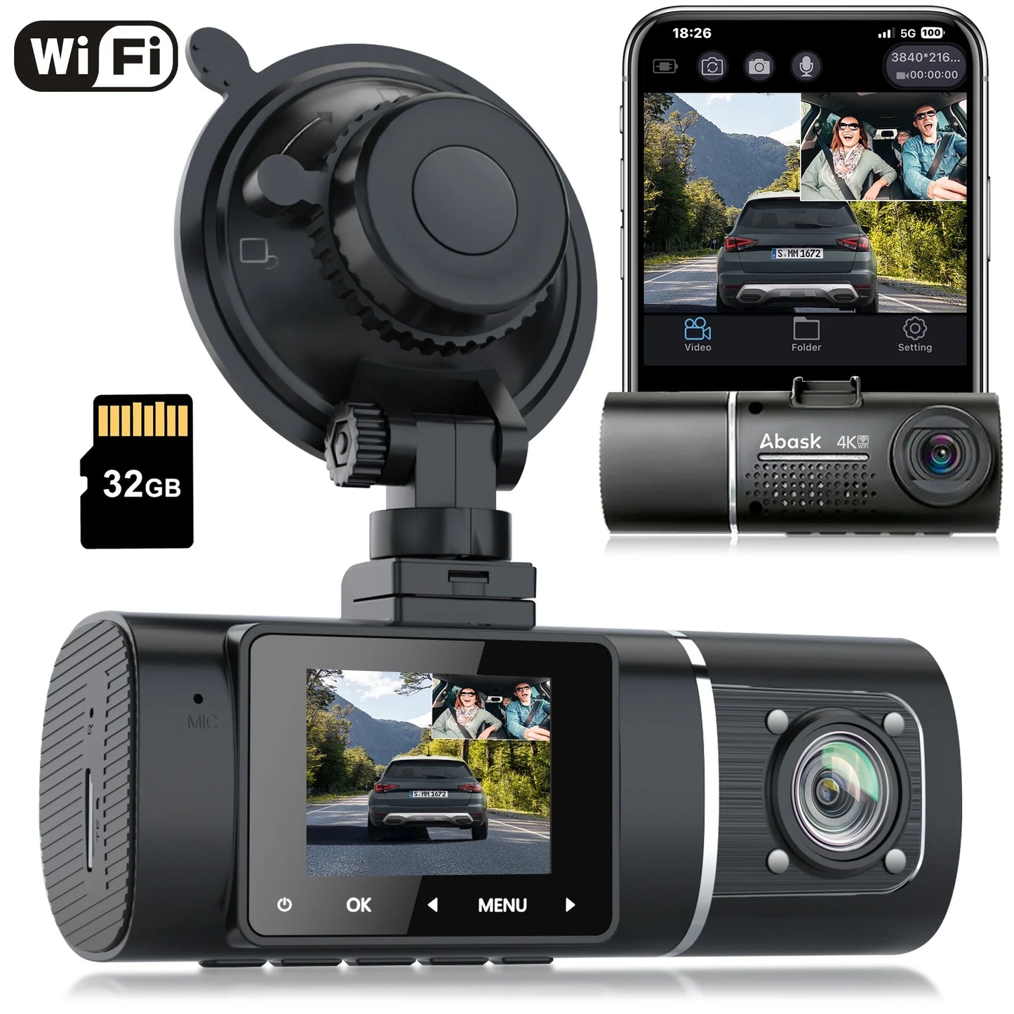 Abask J05 PRO DashCam 4K WiFi - Car Camera Front and Inside with Infrared Night Vision, 24H Parking Monitoring, Motion Sensor, 310° Wide Angle, G-Sensor, Loop Recording, HDR, Up to 128 Gigabytes