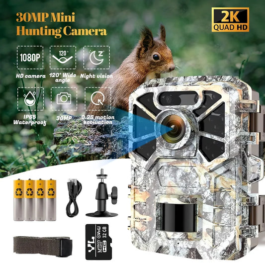 Trail Camera, 30MP 2k Game Camera with Infrared Night Vision Wildlife Surveillance, Farm Monitoring, Waterproof Hunting Trail Monitor with 120° Wide Angle Lens