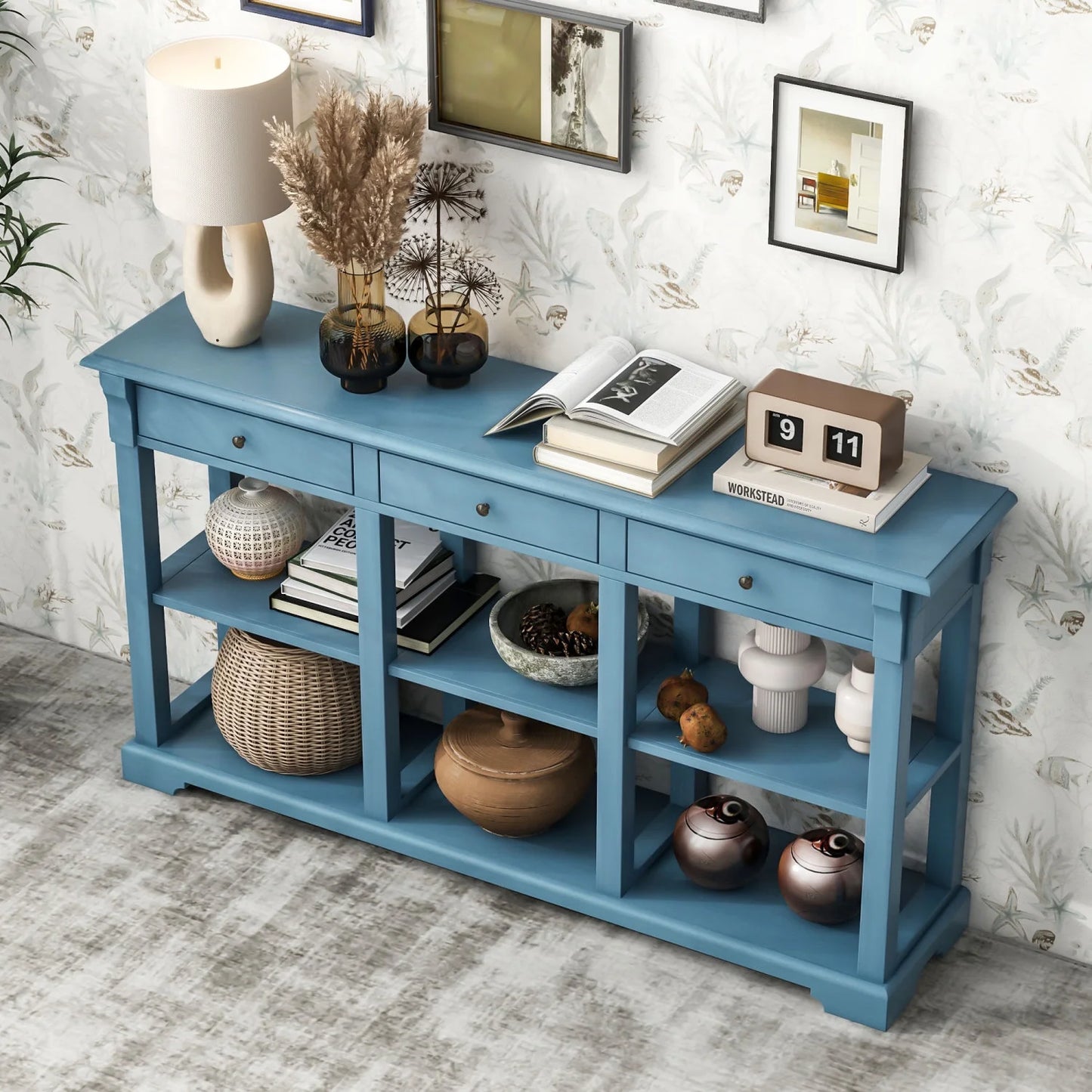 TREXM Retro Console Table/Sideboard with Ample Storage Open Shelves and Drawers for Living Room (Navy OLD SKU WF298765AAM)