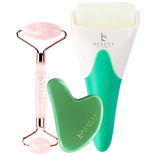 Beauty by Earth 3-Tool Gift Set - Rose Quartz Roller, Jade Gua Sha and Ice Roller