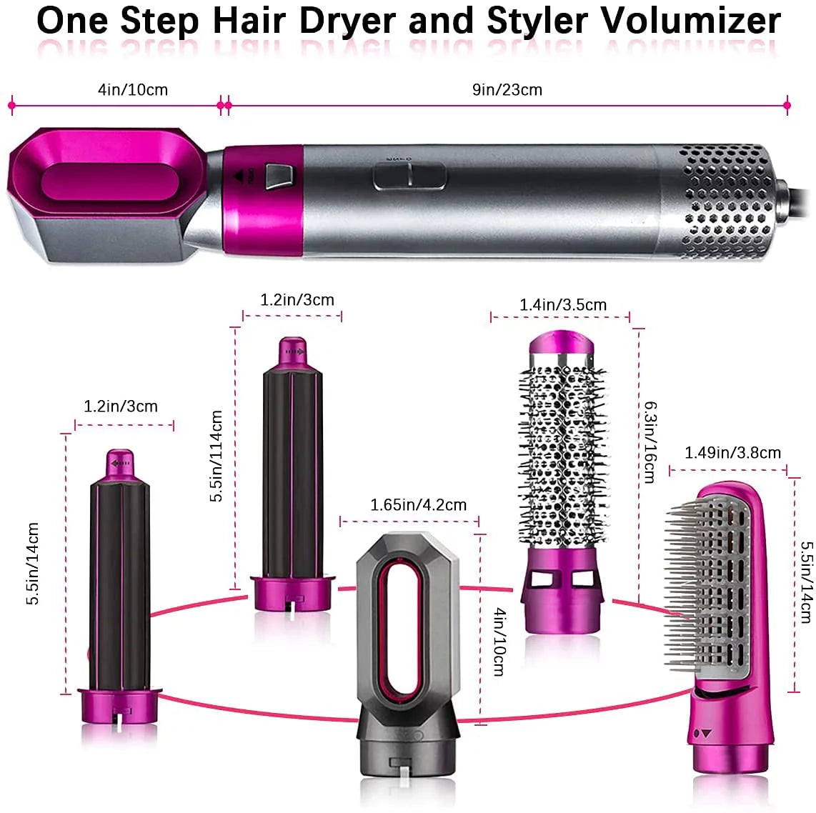 5-in-1 Electric Hair Dryer Brush - Negative Ionic Hair Styler with Detachable Brush Heads - Blow Dryer Brush for Straightening and Automatic Curling Styling, Color: PinkGold