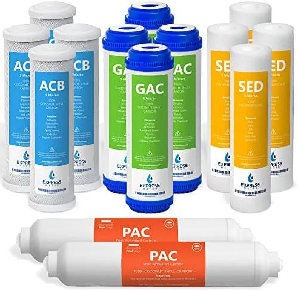 2 Year Reverse Osmosis System Replacement Filter Set 14 Filters, Carbon GAC, ACB, PAC Filters, Sediment SED Filters 10 Inch Size Water Filters