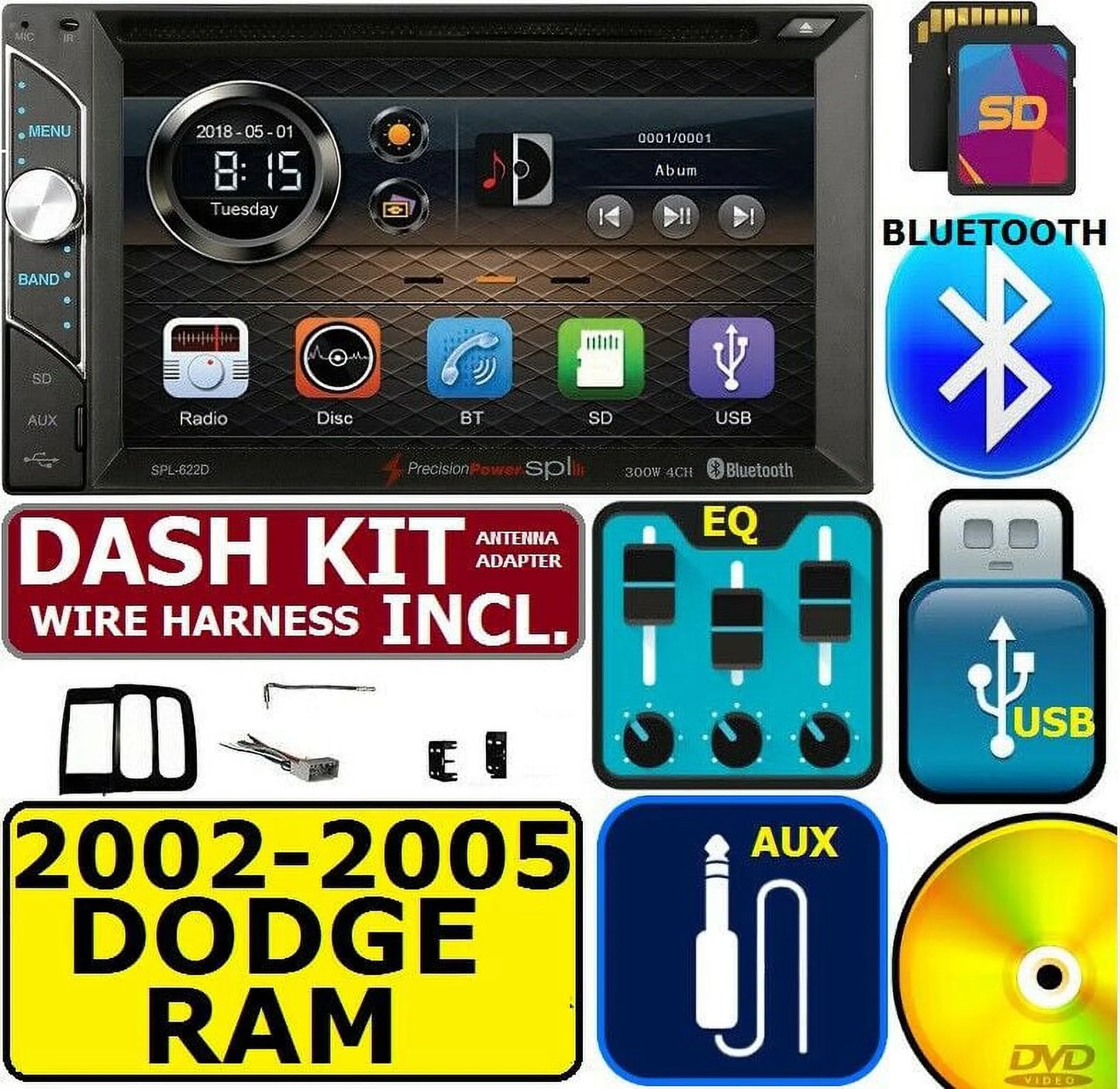 2002-2005 DODGE RAM CD/DVD BLUETOOTH USB/SD AUX EQ TOUCHSCREEN CAR STEREO RADIO