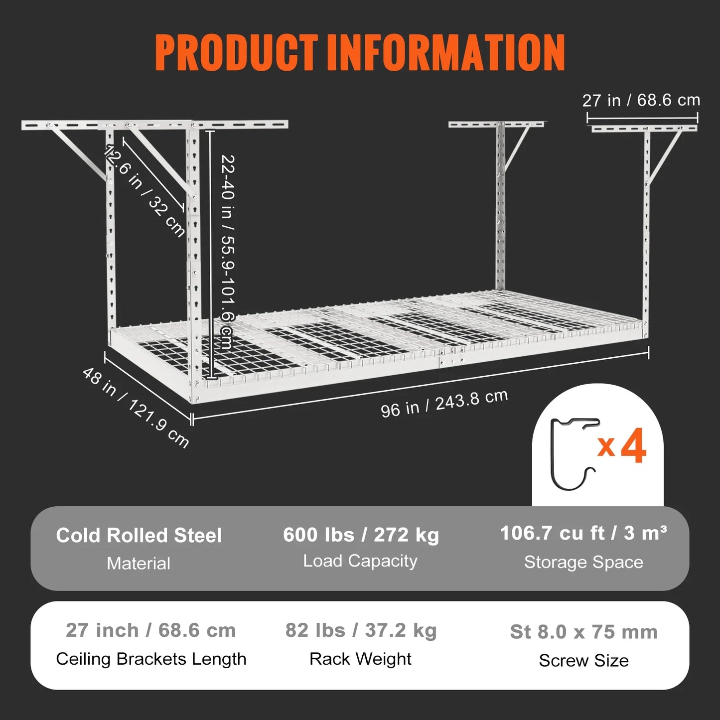 SKYSHALO Overhead Adjustable Garage Storage Rack 48x96" Ceiling Rack 600 lbs White