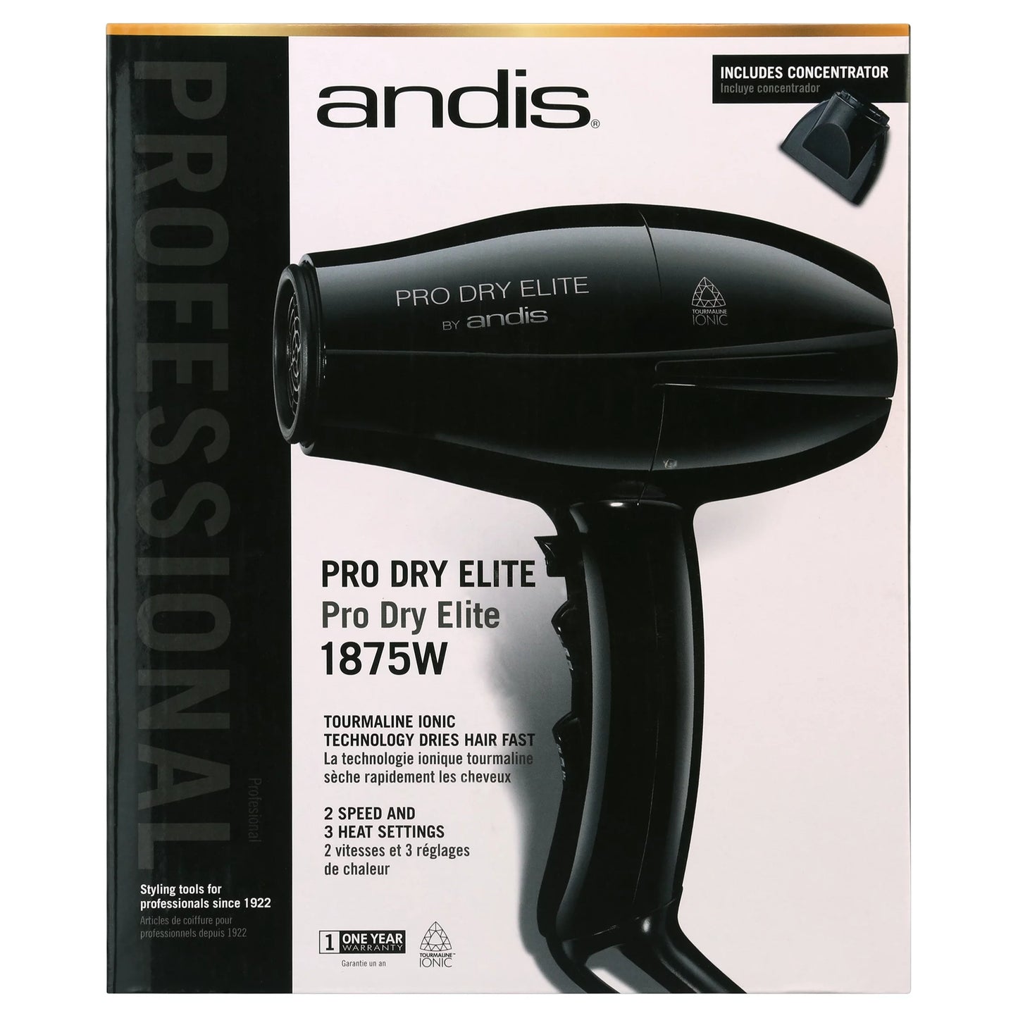 Andis ProDry Elite Hair Dryer 1875W, Tourmaline/Ionic/Ceramic, Black