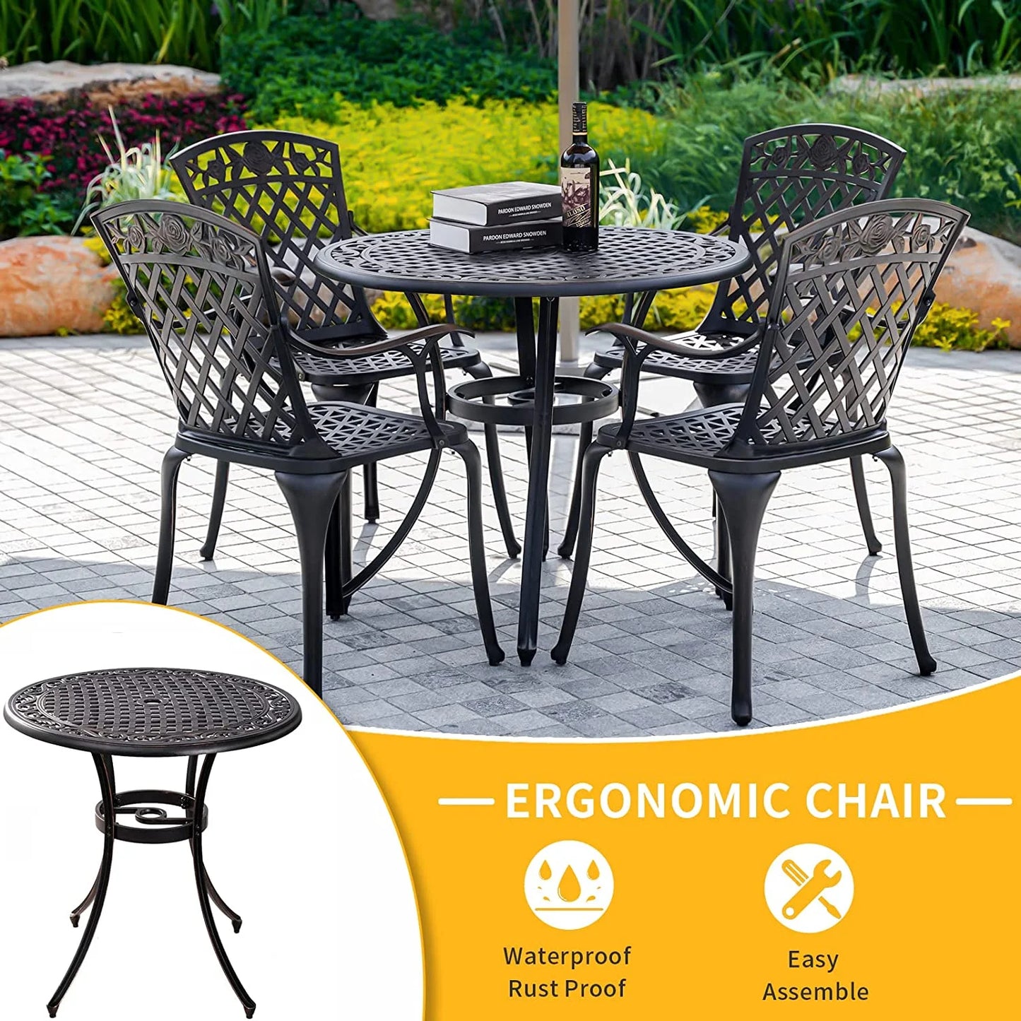 35.5 Inch Patio Bistro Dining Table, Cast Aluminum Patio Table with 1.97" Umbrella Hole,Round Outdoor Dining Table for Garden, Patio, Porch