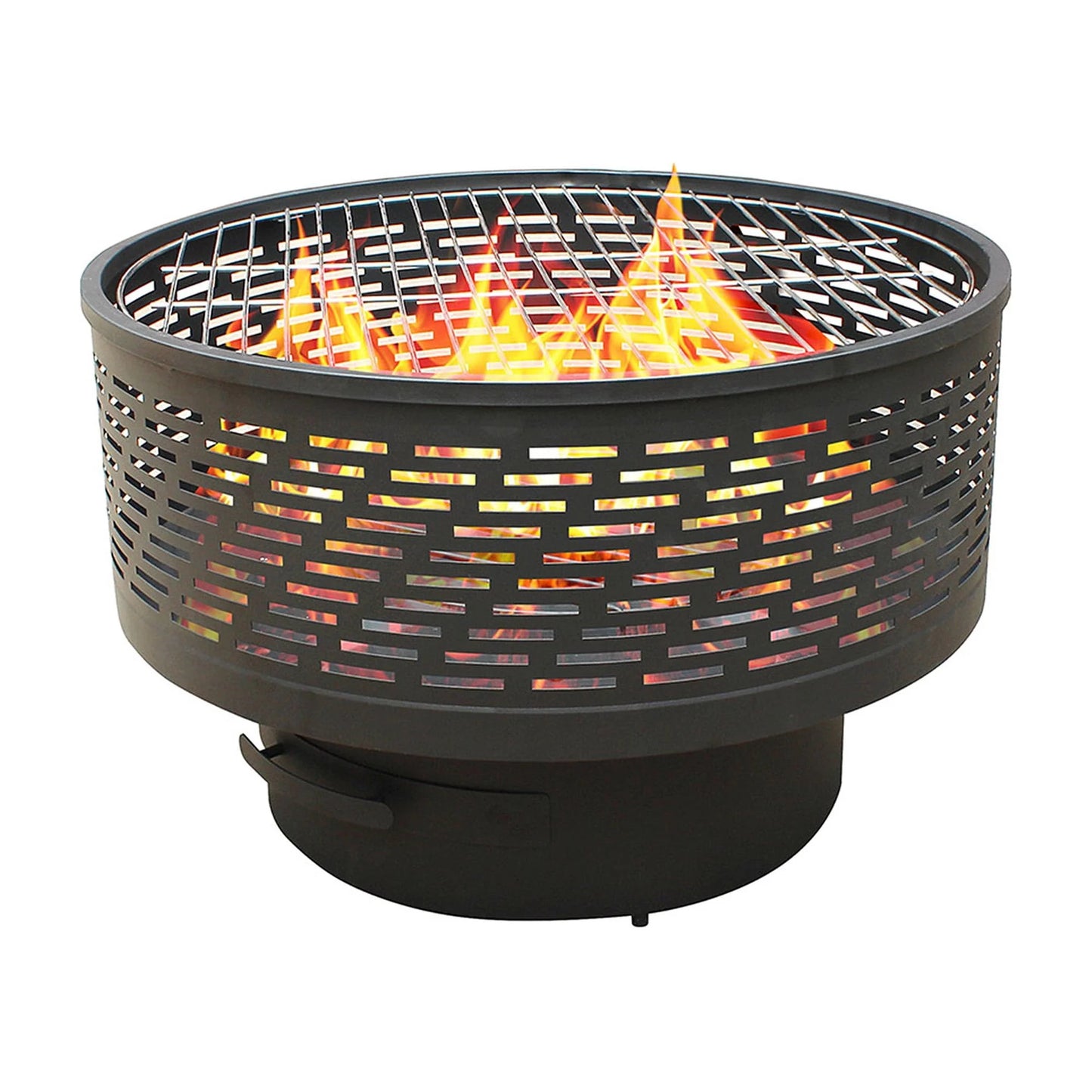 26 inch outdoor portable fire pit table with grill and lid, featuring barbecue, dining table, and campfire functions