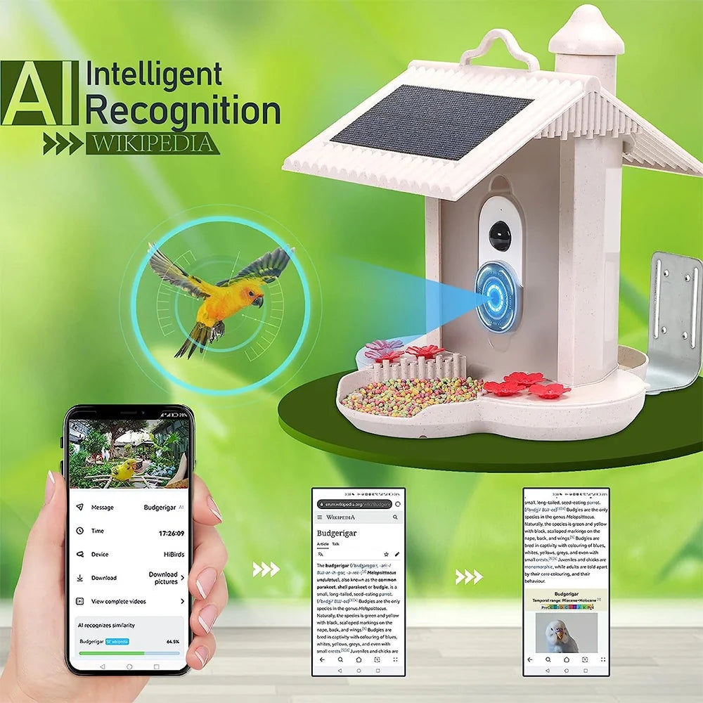 Anself WIFI Smart Bird Feeder Camera 1080P Auto Capture Bird Video Motion Detection Real-time Notification AI Identify Bird Species IP65 Waterproof 128G TF Cards for Bird Watching Enthusiasts