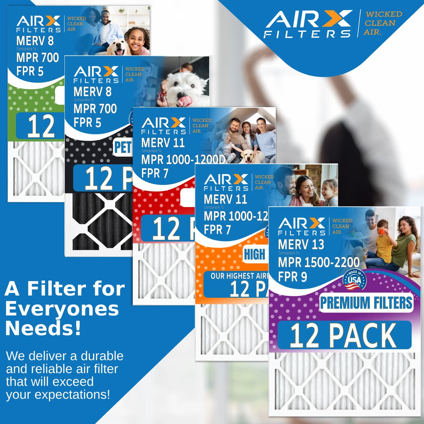 20x25x1 Air Filter MERV 11 Rating, 12 Pack of Furnace Filters Comparable to MPR 1000, MPR 1200, FPR 7, High Efficiency 12 Pack of Furnace Filters Made in USA by AIRX FILTERS WICKED CLEAN AIR.