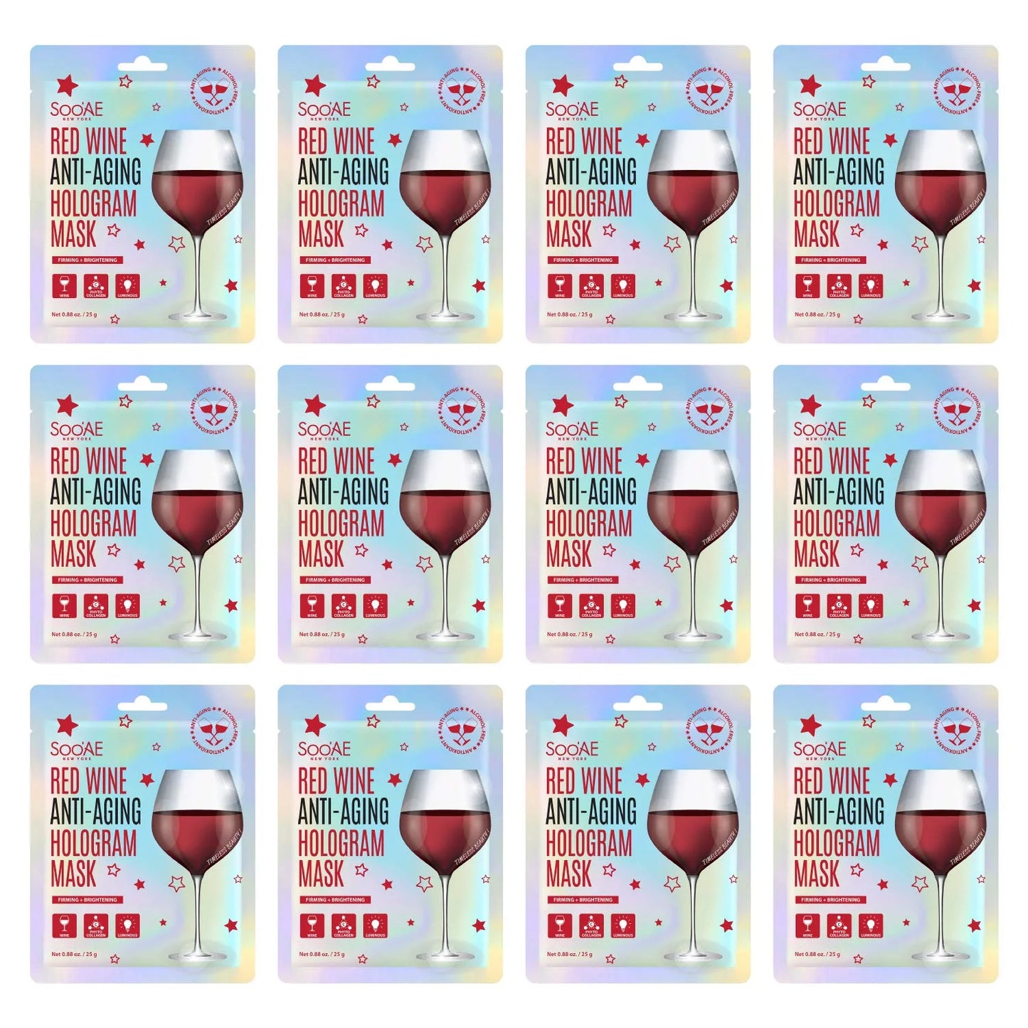 Soo,Ae Red Wine Anti-Aging Hologram Mask [12 Count] Vegan Collagen Antioxidants To Firm, Restore And Brightening Skin, Korean Beauty Sheet Mask Hydrate Glow Brighting Premium Facial Mask Face Wra