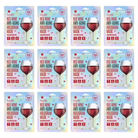 Soo,Ae Red Wine Anti-Aging Hologram Mask [12 Count] Vegan Collagen Antioxidants To Firm, Restore And Brightening Skin, Korean Beauty Sheet Mask Hydrate Glow Brighting Premium Facial Mask Face Wra