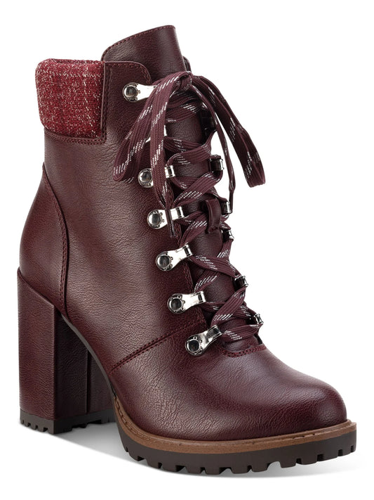 SUN STONE Womens Burgundy Lace Up Padded Cuff Cushioned Lug Sole Octavia Round Toe Block Heel Zip-Up Hiking Boots 8 M