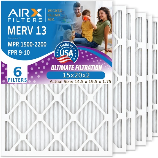 15x20x2 Air Filter MERV 13 Comparable to MPR 1500 - 2200 & FPR 9 Electrostatic Pleated Air Conditioner Filter 6 Pack HVAC AC Premium USA Made 15x20x2 Furnace Filters by AIRX FILTERS WICKED CLEAN AIR.