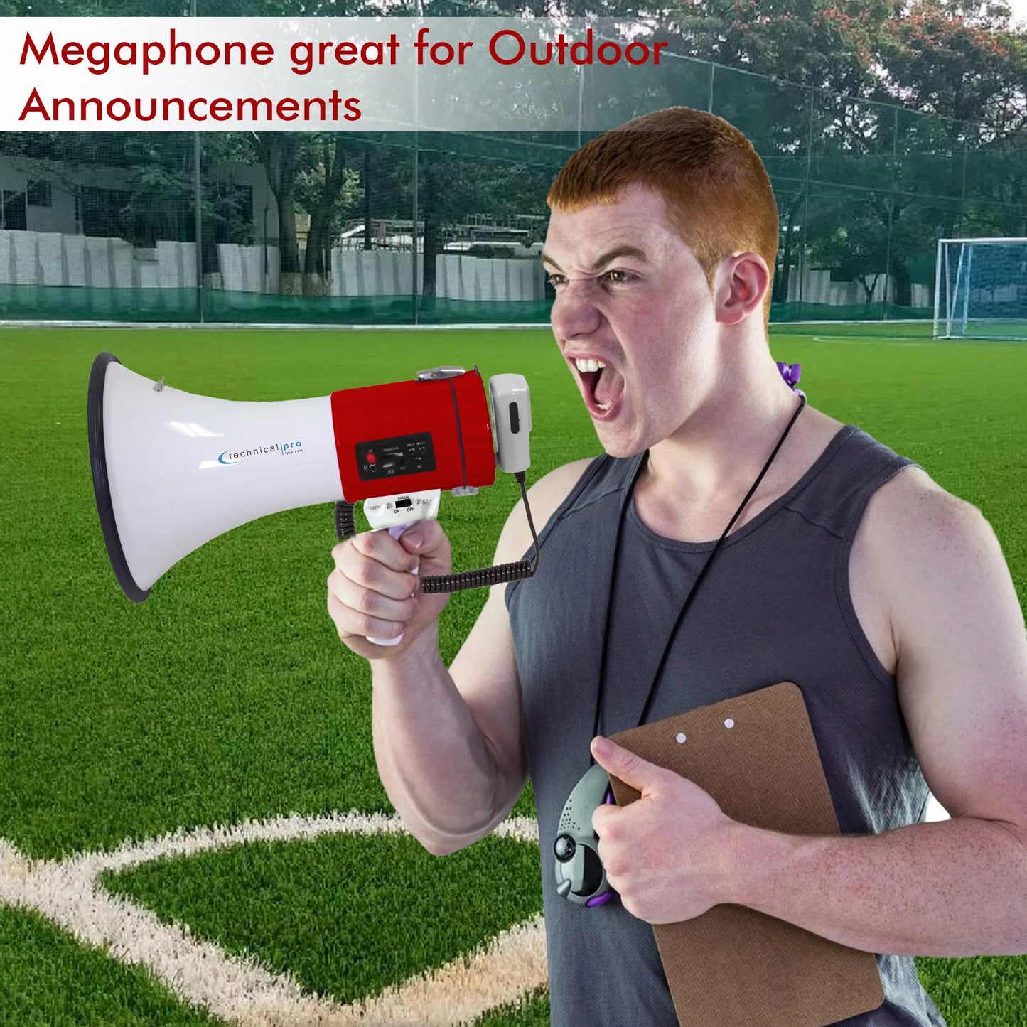 Technical Pro 75-Watt Red Megaphone Bullhorn Speaker w/ Siren, Detachable Microphone, Portable Lightweight Strap Detachable PA - Professional Outdoor Voice for Police And Cheer leading