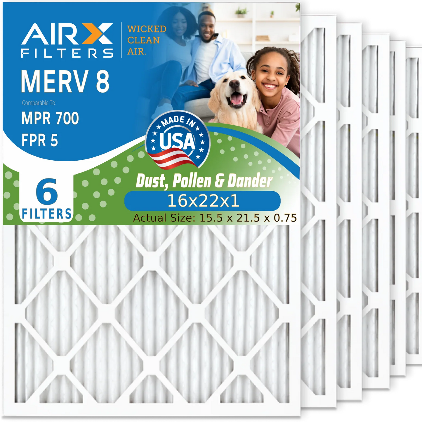 16x22x1 Air Filter MERV 8 Comparable to MPR 700 & FPR 5 Electrostatic Pleated Air Conditioner Filter 6 Pack HVAC AC Premium USA Made 16x22x1 Furnace Filters by AIRX FILTERS WICKED CLEAN AIR.