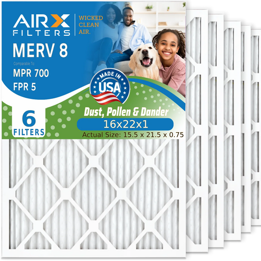 16x22x1 Air Filter MERV 8 Comparable to MPR 700 & FPR 5 Electrostatic Pleated Air Conditioner Filter 6 Pack HVAC AC Premium USA Made 16x22x1 Furnace Filters by AIRX FILTERS WICKED CLEAN AIR.