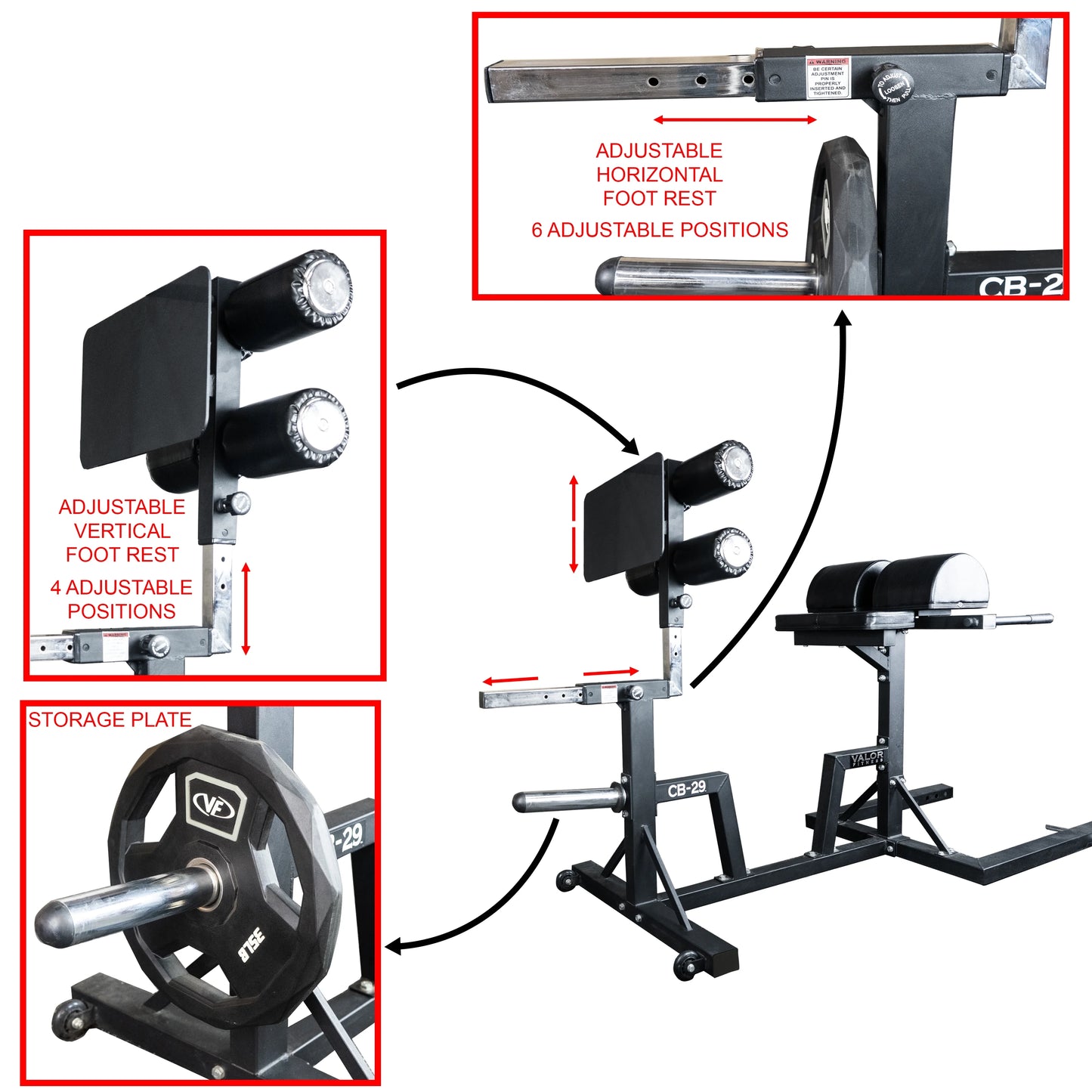 Valor Fitness Glute Ham Developer Machine - Adjustable GHD Equipment- Max Weight 400 lbs - Ab Core Hip Back Workout - Hyperextensions Sit Ups – Includes Band Pegs - Olympic Plate Storage - Home Gym -