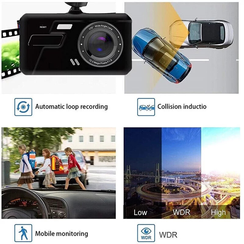 Xhy Touch Screen Car Dash Cam 4" 1080P HD Dual Lens DVR Front and Rear Video Camera Driving Recorder G-Sensor, Motion Detection and Parking Monitoring