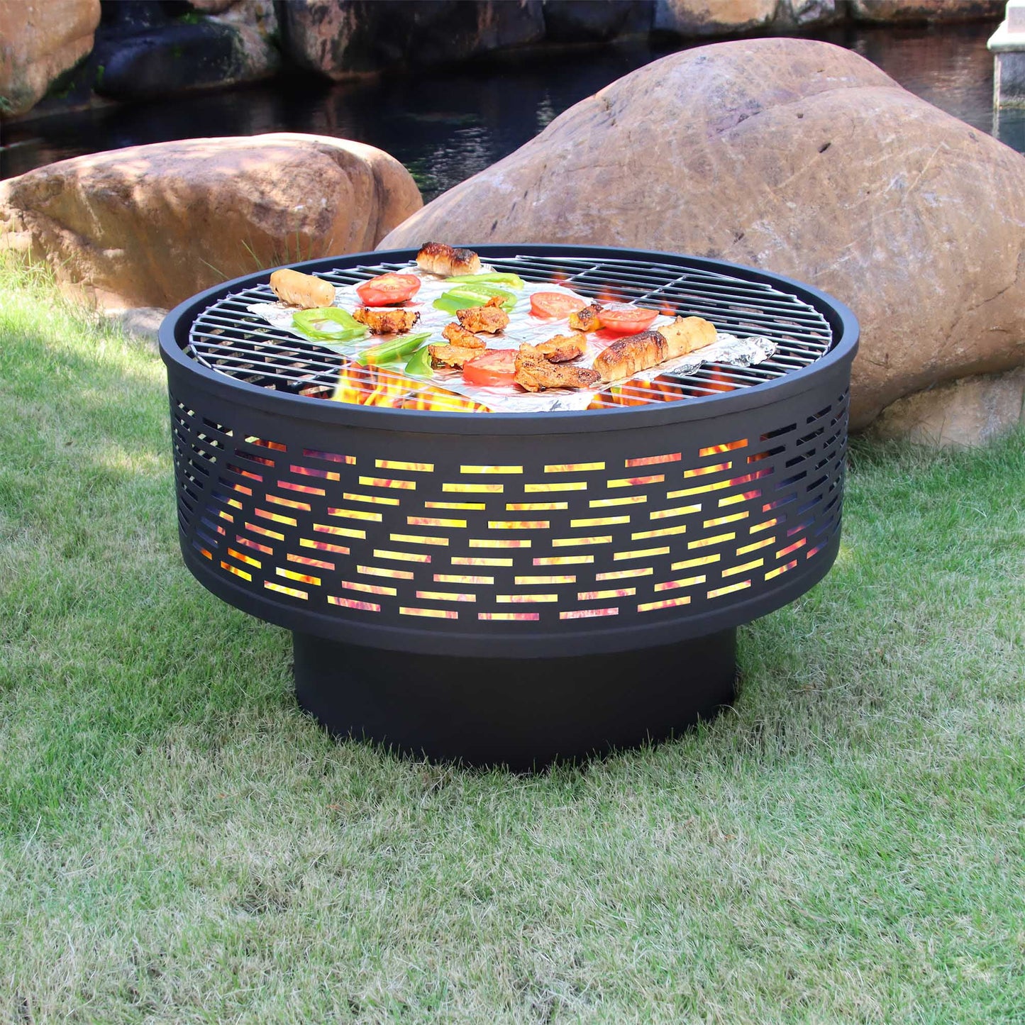 26 inch outdoor portable fire pit table with grill and lid, featuring barbecue, dining table, and campfire functions