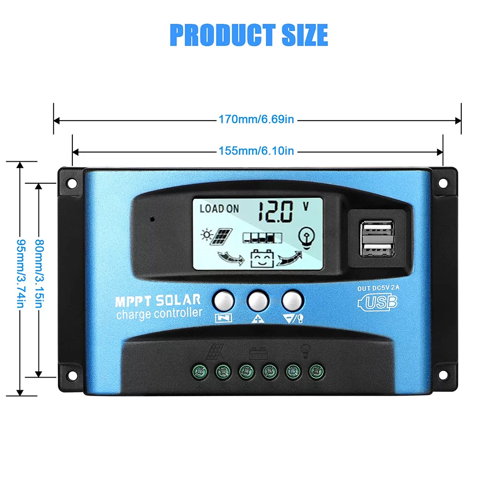 30A MPPT Solar Charger Controller, Solar Panel Regulator Charge Controller, High Charging Efficiency, Dual USB, MCU Control, Build-in Timer(Blue)