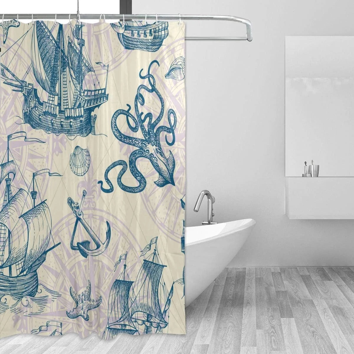 Wellsay Old Caravel Vintage Sailboat Sea Monster Shower Curtain Liner, 72 x 72 Waterproof Fabric Shower Curtains with Hooks for Bathroom Hotel