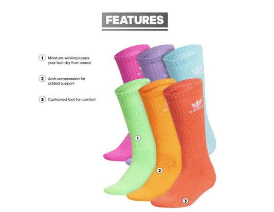 Adidas Originals Youth Trefoil Crew Socks, Multi-colored, 6 Pack, Large