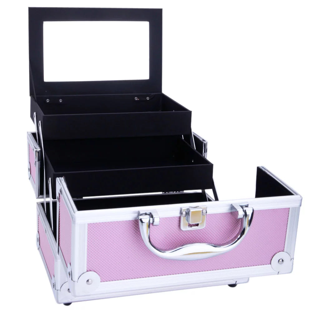 Zimtown Portable Aluminum Makeup Storage Case Train Case Bag with Mirror Lock Silver Jewelry Box Pink