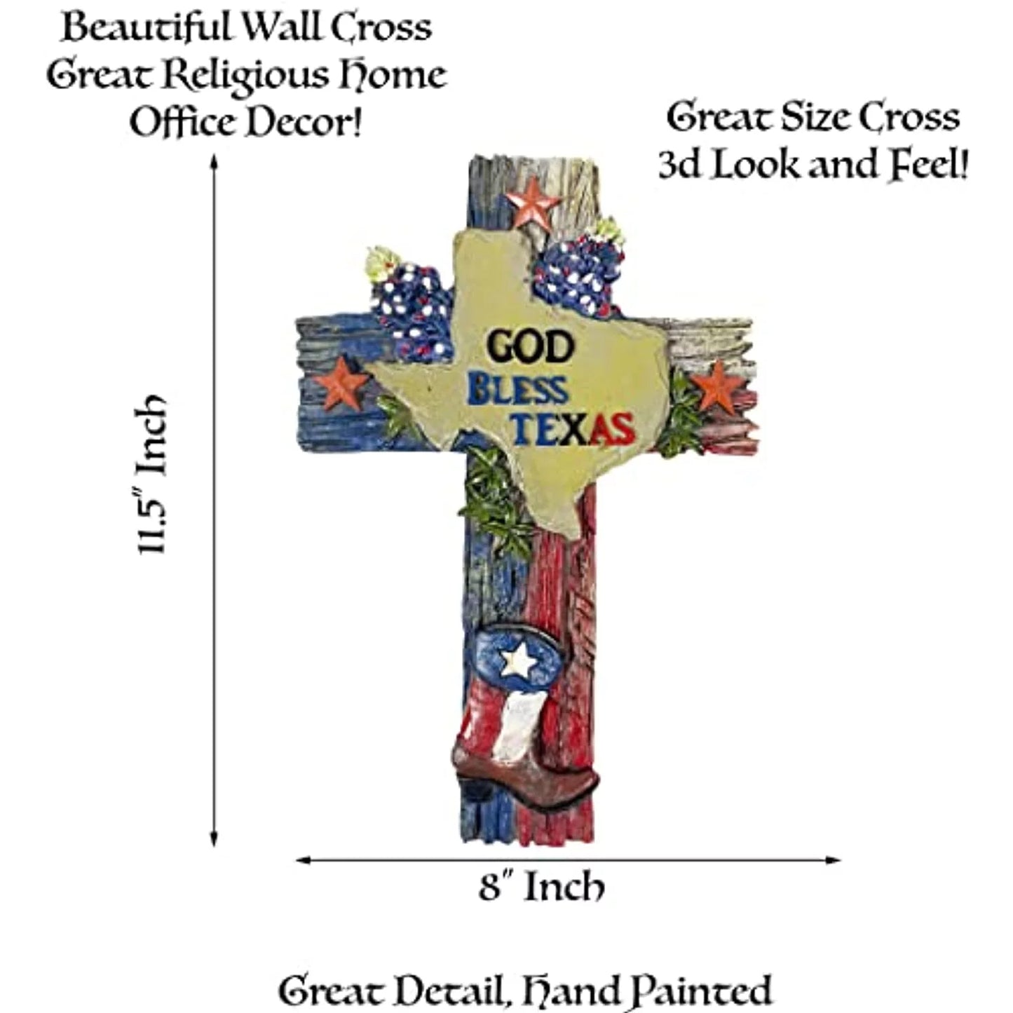 Urbalabs Western 11.5 Inch Wall Cross God Bless Texas Boot Flag and Bluebonnets Distressed Rustic Cowboy Wall Hanging Cross Country Wall Decor Room Decoration Office Church Home