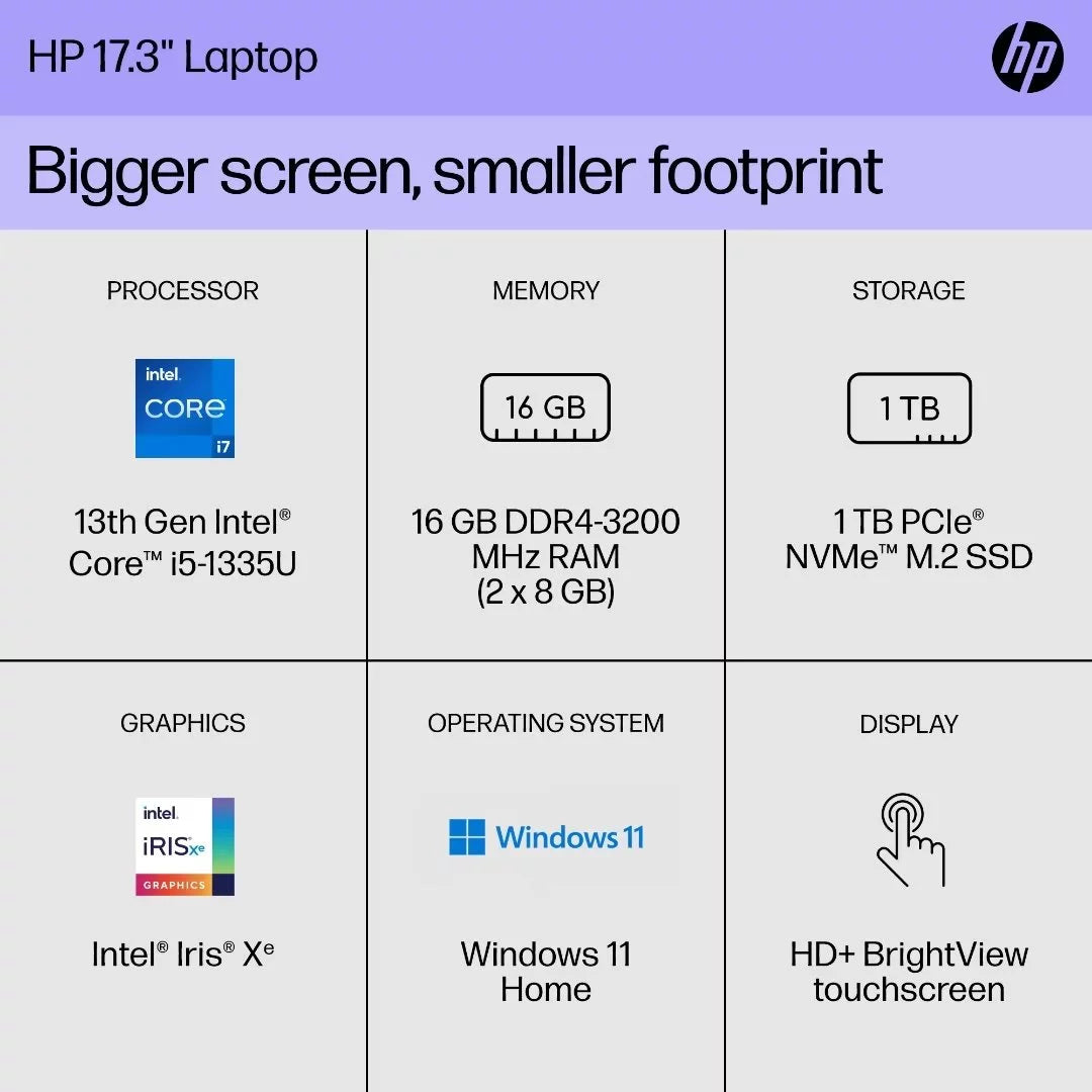 17.3" HD Touchscreen Notebook, Intel Core i7-1355U, 32GB RAM, 1TB Solid State Drive, Backlit Keyboard, Win11 Home