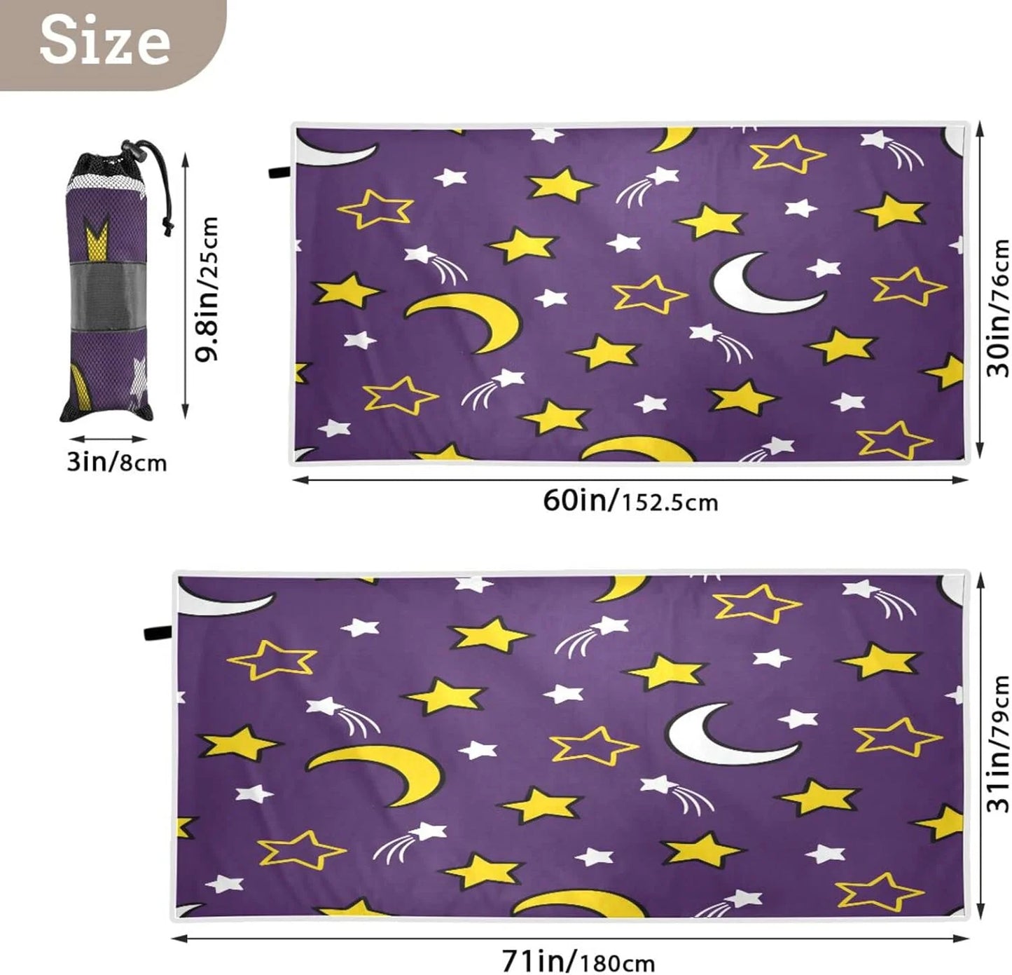 Bestwell Moon and Stars Beach Towel - Lightweight Compact Oversized Travel Towels - Super Absorbent Quick Dry Towel for Swimming Camping Holiday（419）