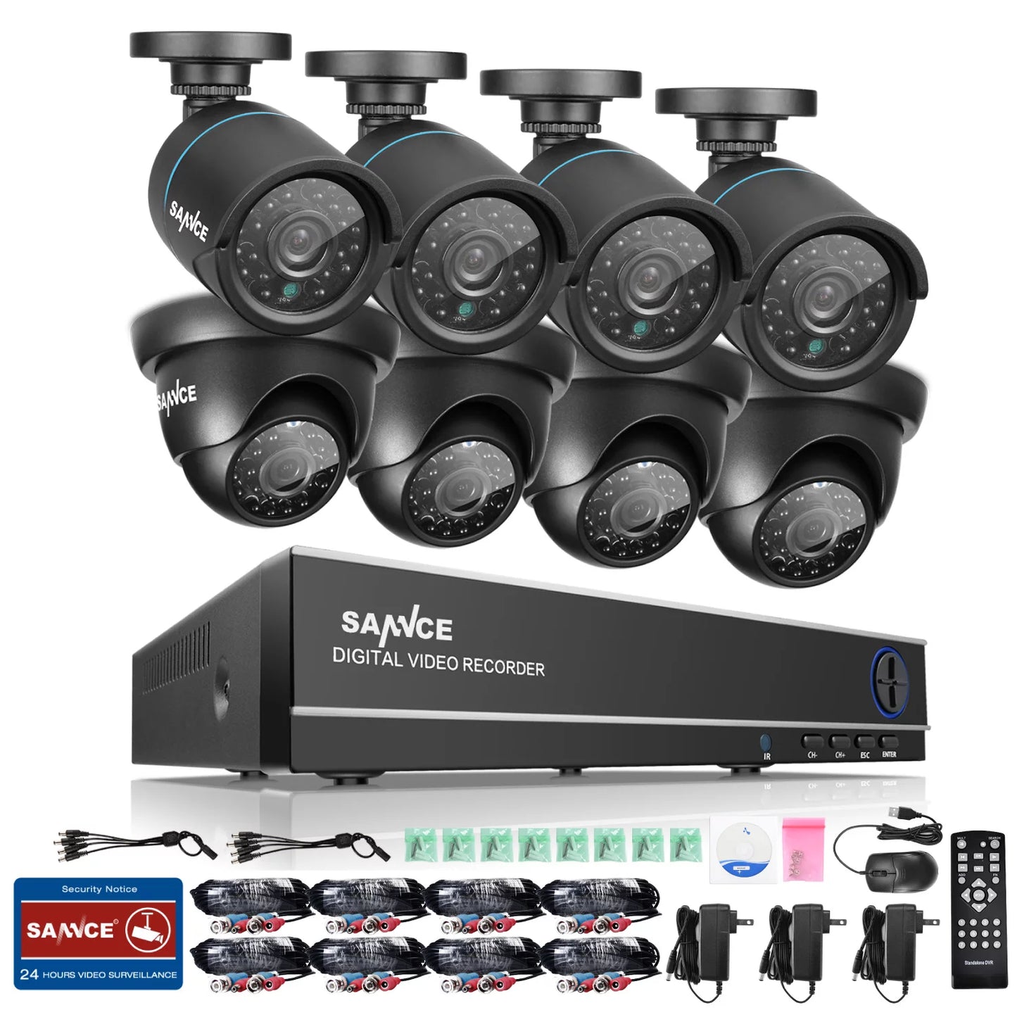 SANNCE 8CH Full 1080N Security Camera System CCTV DVR and (8) 720P Night Vision Surveillance Cameras, IP66 Weatherproof , P2P Technology/E-Cloud Service, QR Code Scan Remote Access -No HDD