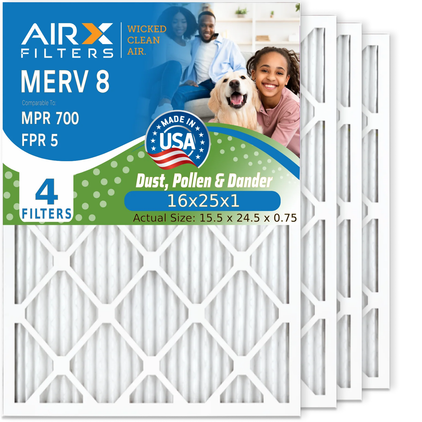 16x25x1 Air Filter MERV 8 Comparable to MPR 700 & FPR 5 Electrostatic Pleated Air Conditioner Filter 4 Pack HVAC AC Premium USA Made 16x25x1 Furnace Filters by AIRX FILTERS WICKED CLEAN AIR.