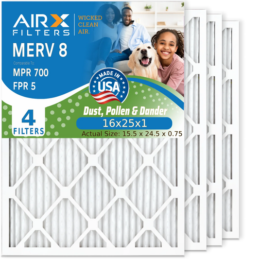 16x25x1 Air Filter MERV 8 Comparable to MPR 700 & FPR 5 Electrostatic Pleated Air Conditioner Filter 4 Pack HVAC AC Premium USA Made 16x25x1 Furnace Filters by AIRX FILTERS WICKED CLEAN AIR.