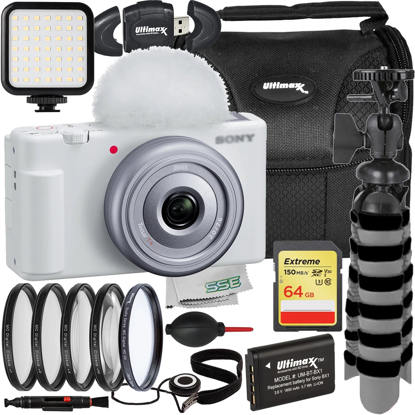 Ultimaxx Essential Sony ZV-1F Camera Bundle (White) - Includes: 64GB Extreme Memory Card, 4PC Macro Close-Up Filter Kit, Replacement Battery & More (20pc Bundle)