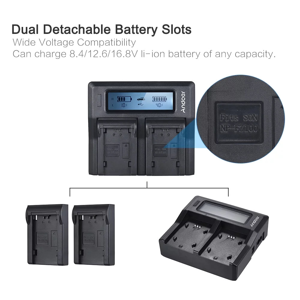 Andoer NP-FZ100 Dual Channel LCD Camera Battery Replacement for Sony A7III A9 A7RIII A7SIII