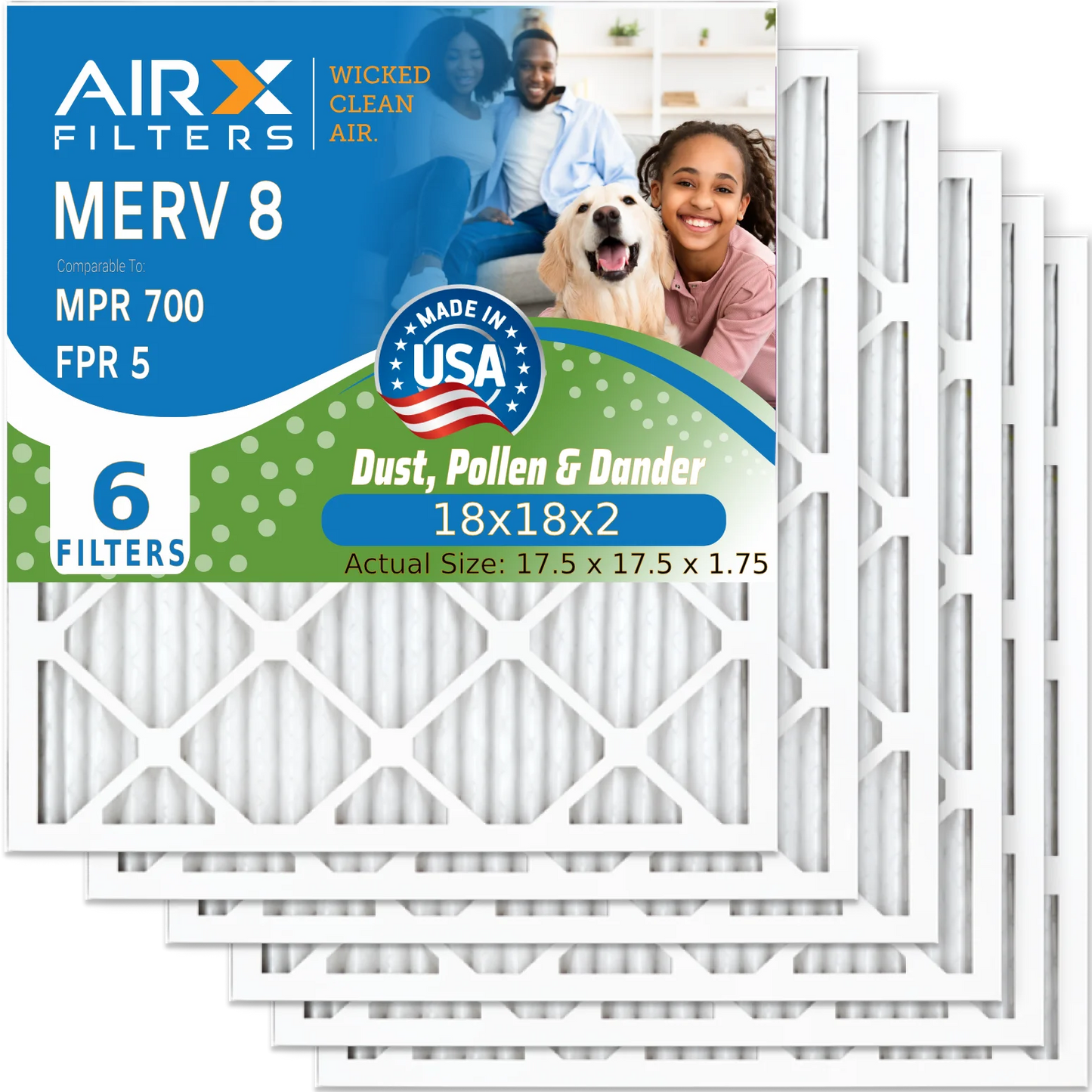 18x18x2 Air Filter MERV 8 Comparable to MPR 700 & FPR 5 Electrostatic Pleated Air Conditioner Filter 6 Pack HVAC AC Premium USA Made 18x18x2 Furnace Filters by AIRX FILTERS WICKED CLEAN AIR.