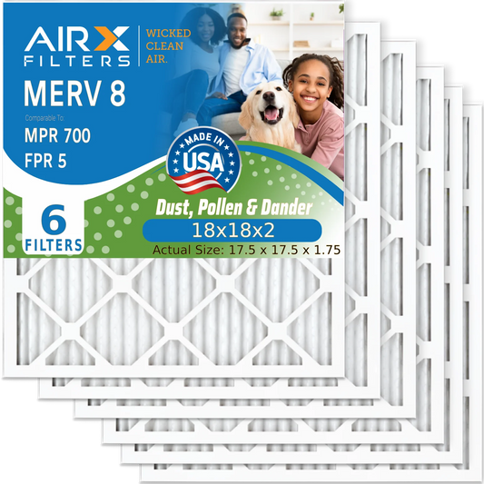 18x18x2 Air Filter MERV 8 Comparable to MPR 700 & FPR 5 Electrostatic Pleated Air Conditioner Filter 6 Pack HVAC AC Premium USA Made 18x18x2 Furnace Filters by AIRX FILTERS WICKED CLEAN AIR.