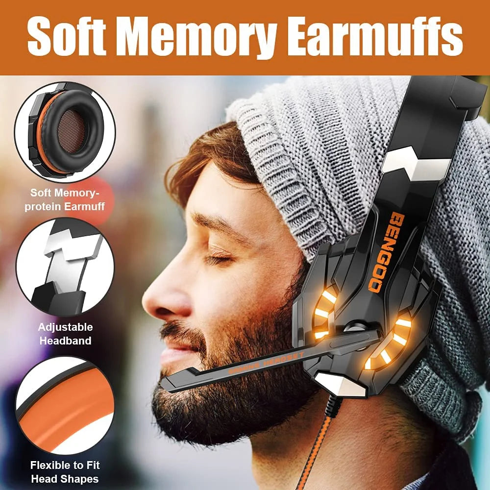 BENGOO G9000 Stereo Gaming Headset for PS4, PC, Xbox One Controller, Noise Cancelling Over Ear Headphones with Mic, LED Light, Bass Surround, Soft Memory Earmuffs (Orange)