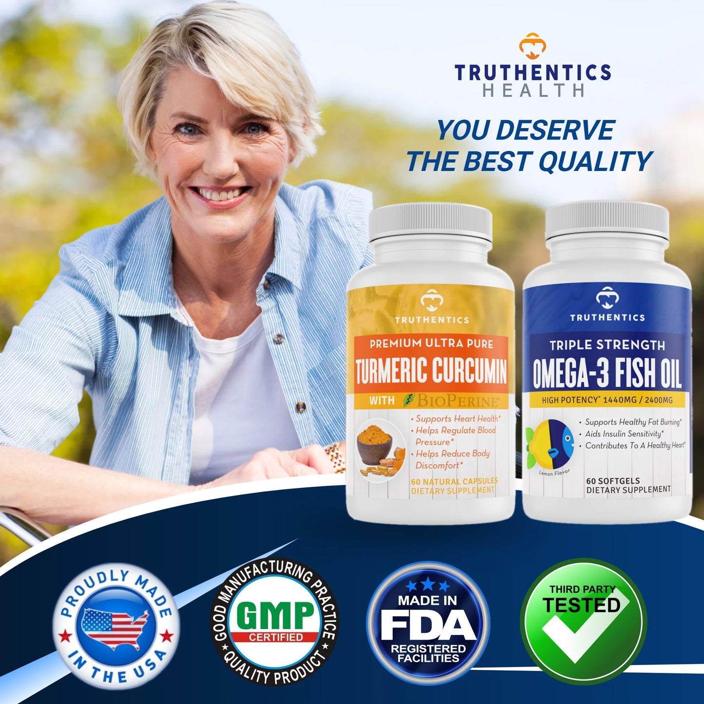 Truthentics Turmeric Curcumin 650mg with Bioperine Plus Triple Strength Omega 3 Fish Oil Bundle - 60 Count Each