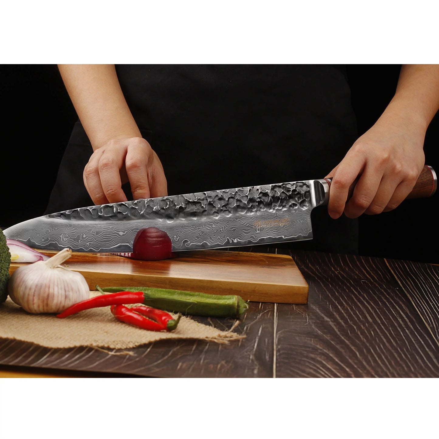 YOUSUNLONG Chef Knife 12 inch - Pro Gyuto Japanese Hammered Damascus Steel Natural Walnut Wooden Handle with Leather Sheath