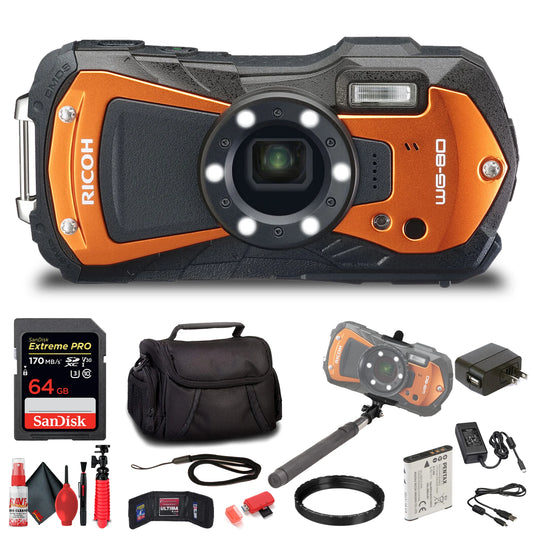 Ricoh WG-80 Waterproof Digital Camera (Orange) with 64GB Extreme Pro SD Card + Small Case + Selfie Stick + Memory Card Wallet + Memory Card Reader + 6Ave Cleaning Kit