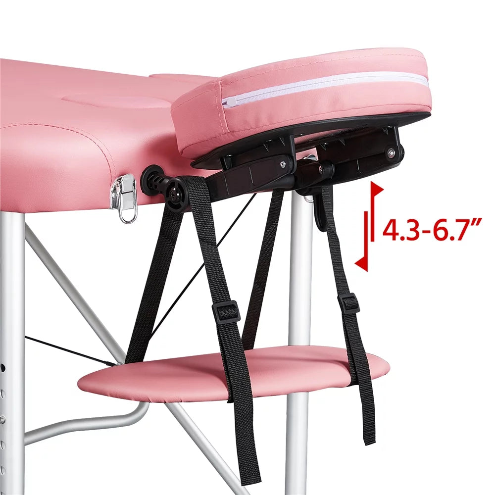 Yaheetech 84'' Adjustable Massage Bed, Massage Equipment, 3-Fold Massage Couch, Portable Salon Bed Alloy Spa Table with Backrest/Headrest/Armrest/Hand Pallet, Pink