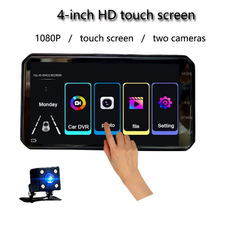 Xhy Touch Screen Car Dash Cam 4" 1080P HD Dual Lens DVR Front and Rear Video Camera Driving Recorder G-Sensor, Motion Detection and Parking Monitoring