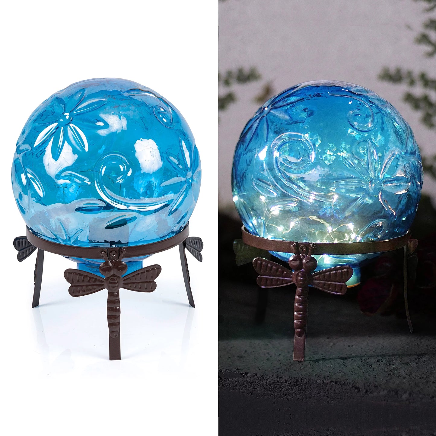 Alpine Corporation 10" W x 10" L x 13" H Embossed Glass Light-up Gazing Globe, Blue