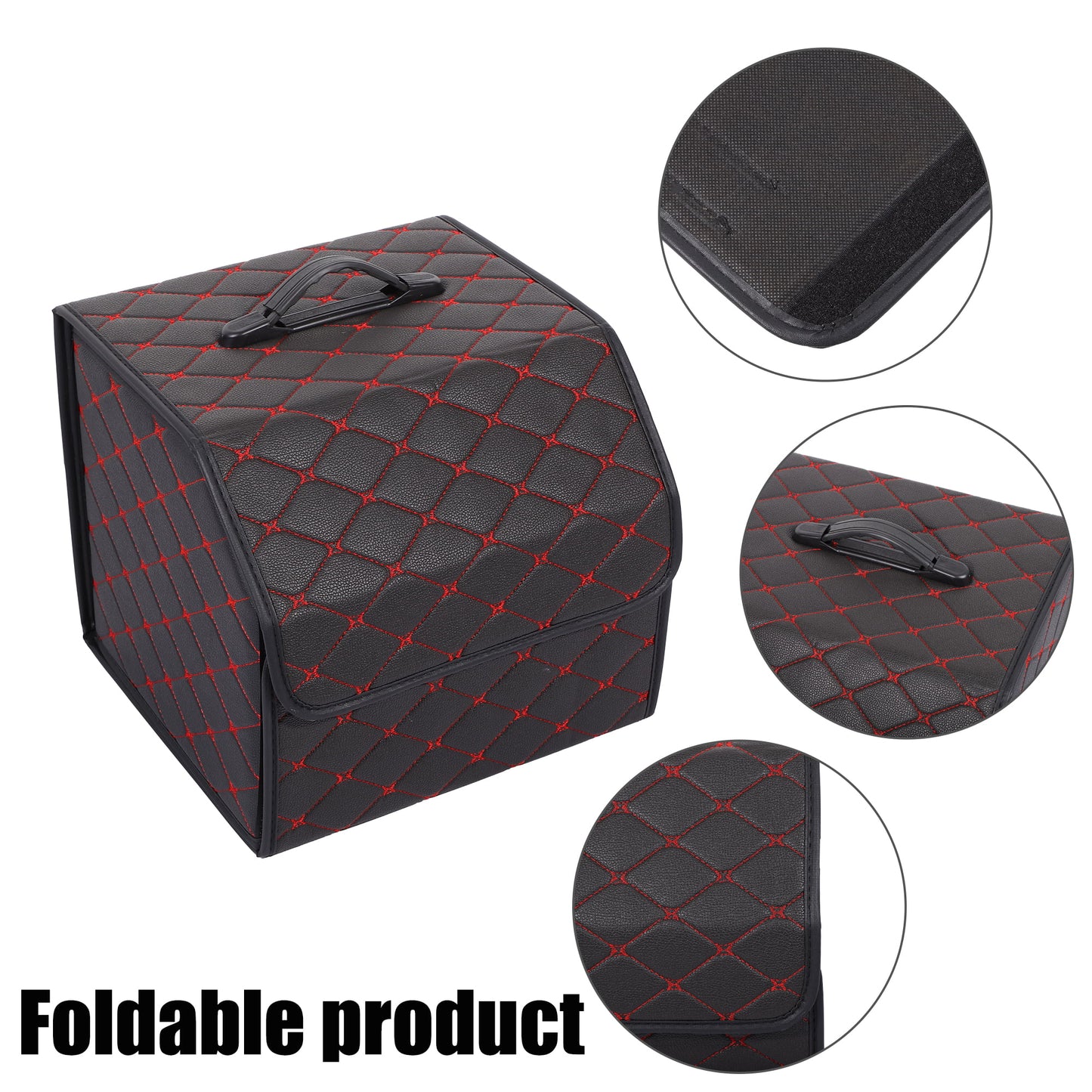 33x31x29cm Black PU Leather Car Storage Bag Trunk Organiser Foldable Boot Bag with Handle for Truck SUV Red Stitches